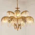Brass Palm Leaf Crystal Chandelier