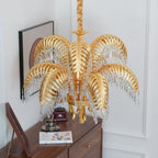Brass Palm Leaf Crystal Chandelier