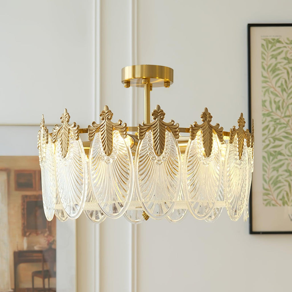Lustre redondo de vidro com padrão decorativo 