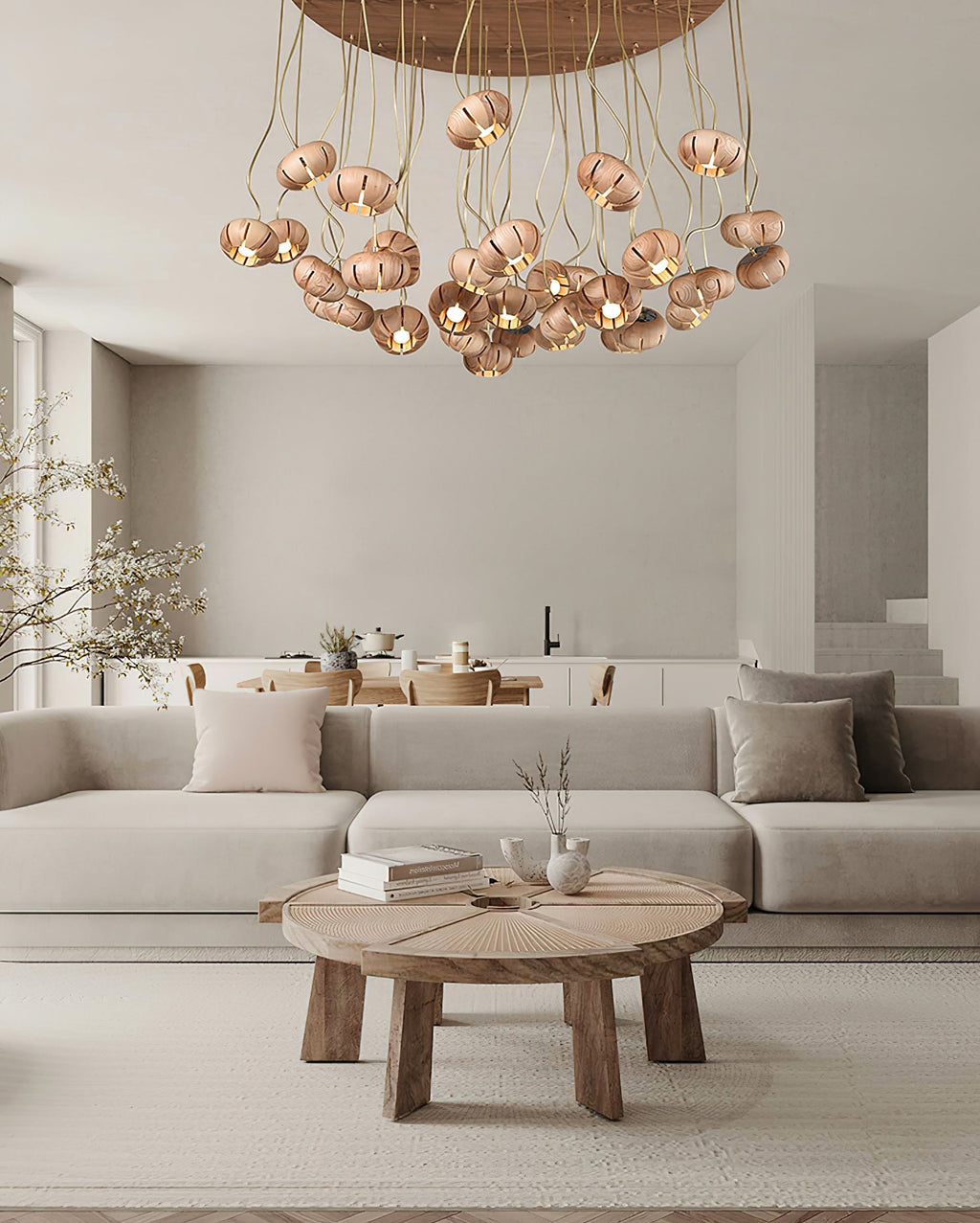 Lustre de madeira em formato de abóbora